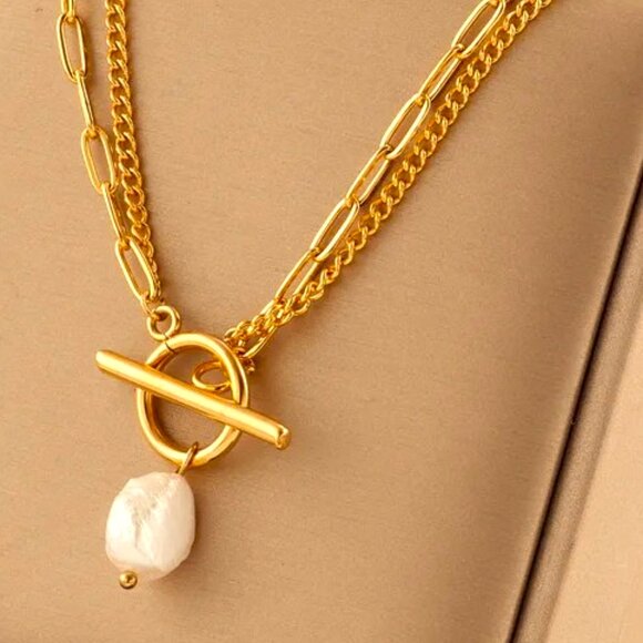 Jewelry - 18K GOLD DIPPED DOUBLE CHAIN WITH TOGGLE FRONT AND DANGLING FRESHWATER PEARL